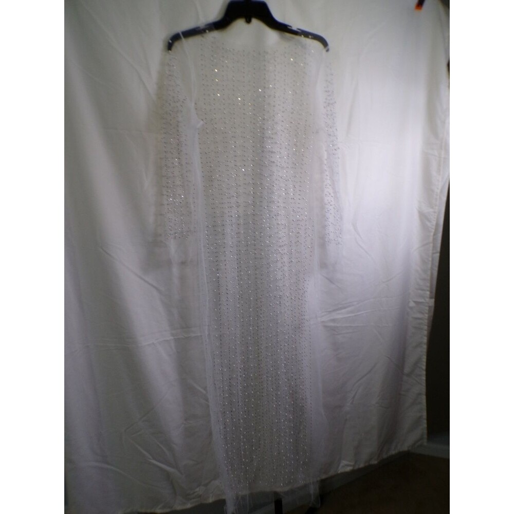 White Sheer Beaded Long Sleeve Wedding Dress Size L Full-Length Tulle Pearls